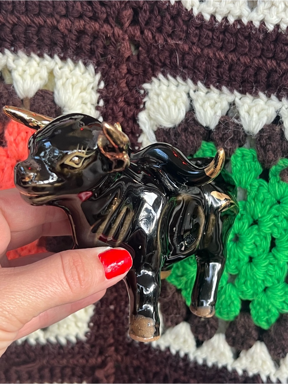 Vintage Mid Century Black Ceramic Bull Figurine Gold Horns Glossy Animal Decor
